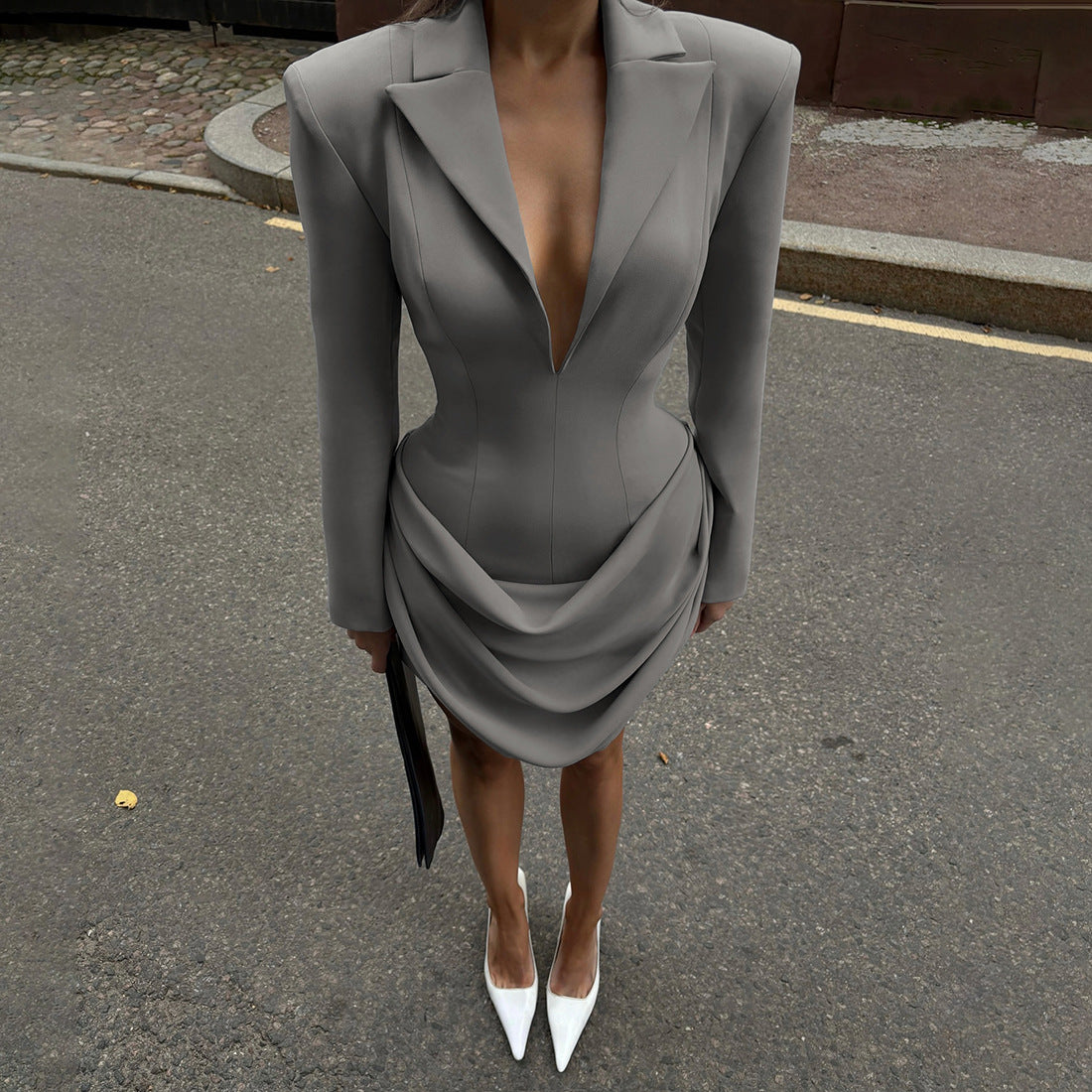 Tailored solid color deep V-neck waist cinching slimming suit dress