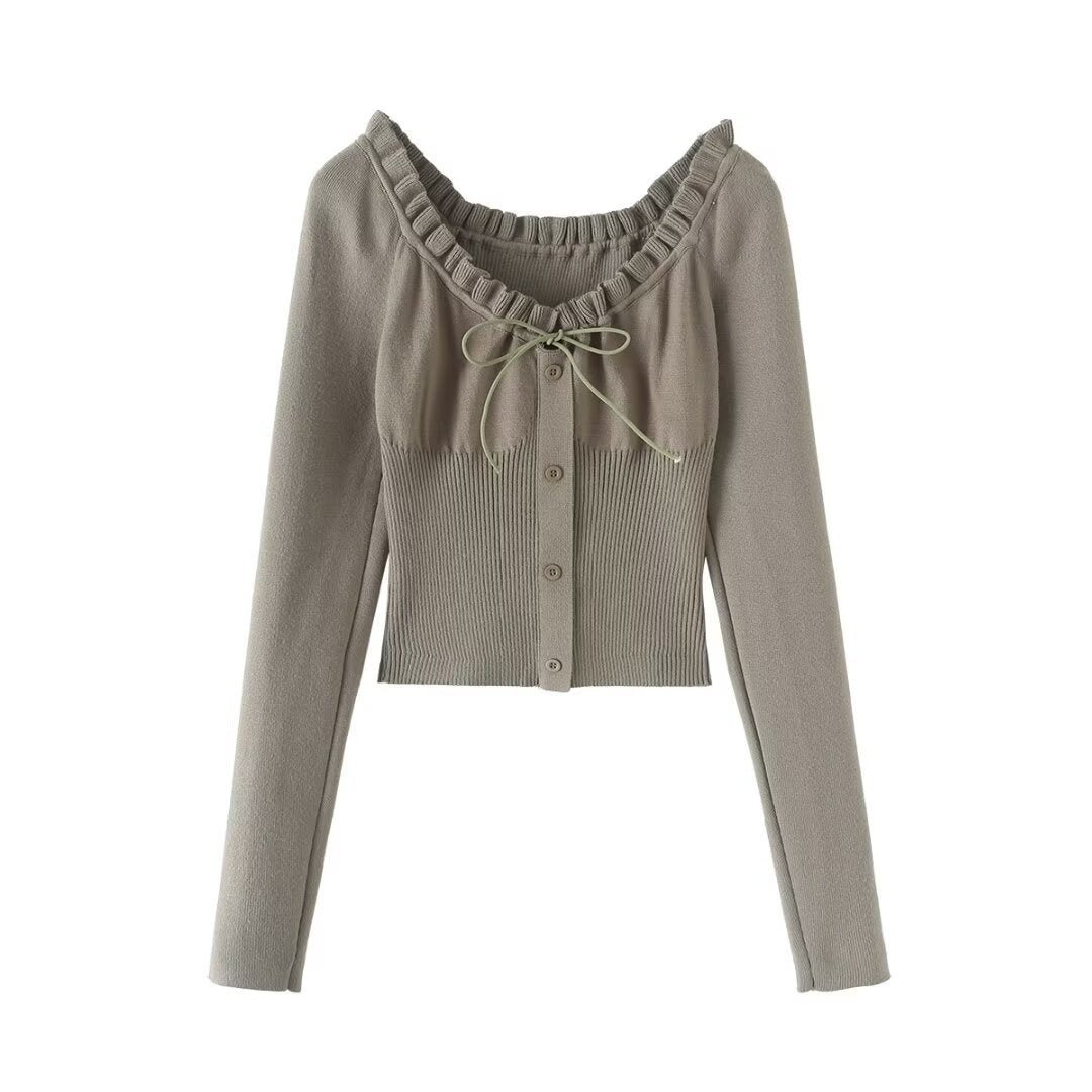 Drawstring strap button waist cinching long sleeved top