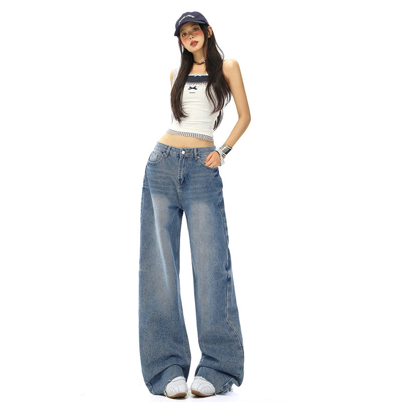 Women's Straight Jeans Washed Vintage Narrow Loose Wide-Leg Pants