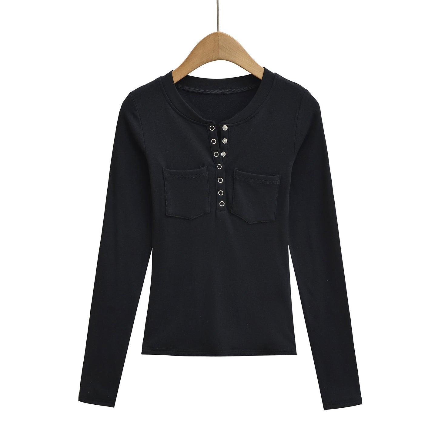 Round neck single breasted long sleeved top T-shirt