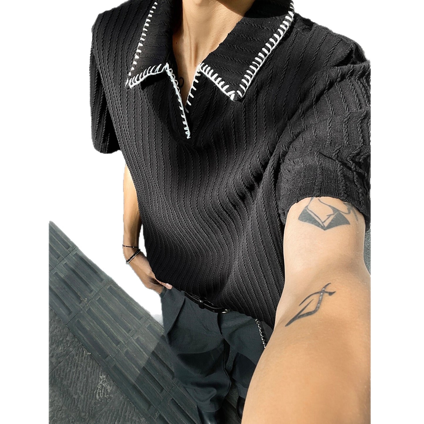 Shirt Men Boxy Flip Collar Short Sleeve T-Shirt