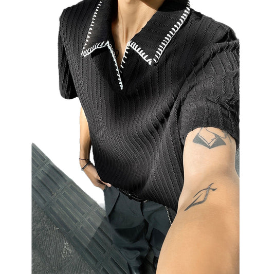 Shirt Men Boxy Flip Collar Short Sleeve T-Shirt