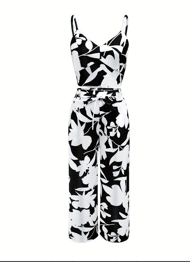 Fashion Print Strap Top High-Waisted Wide-Leg Long Pants Flowy Casual Women's Outfit Set