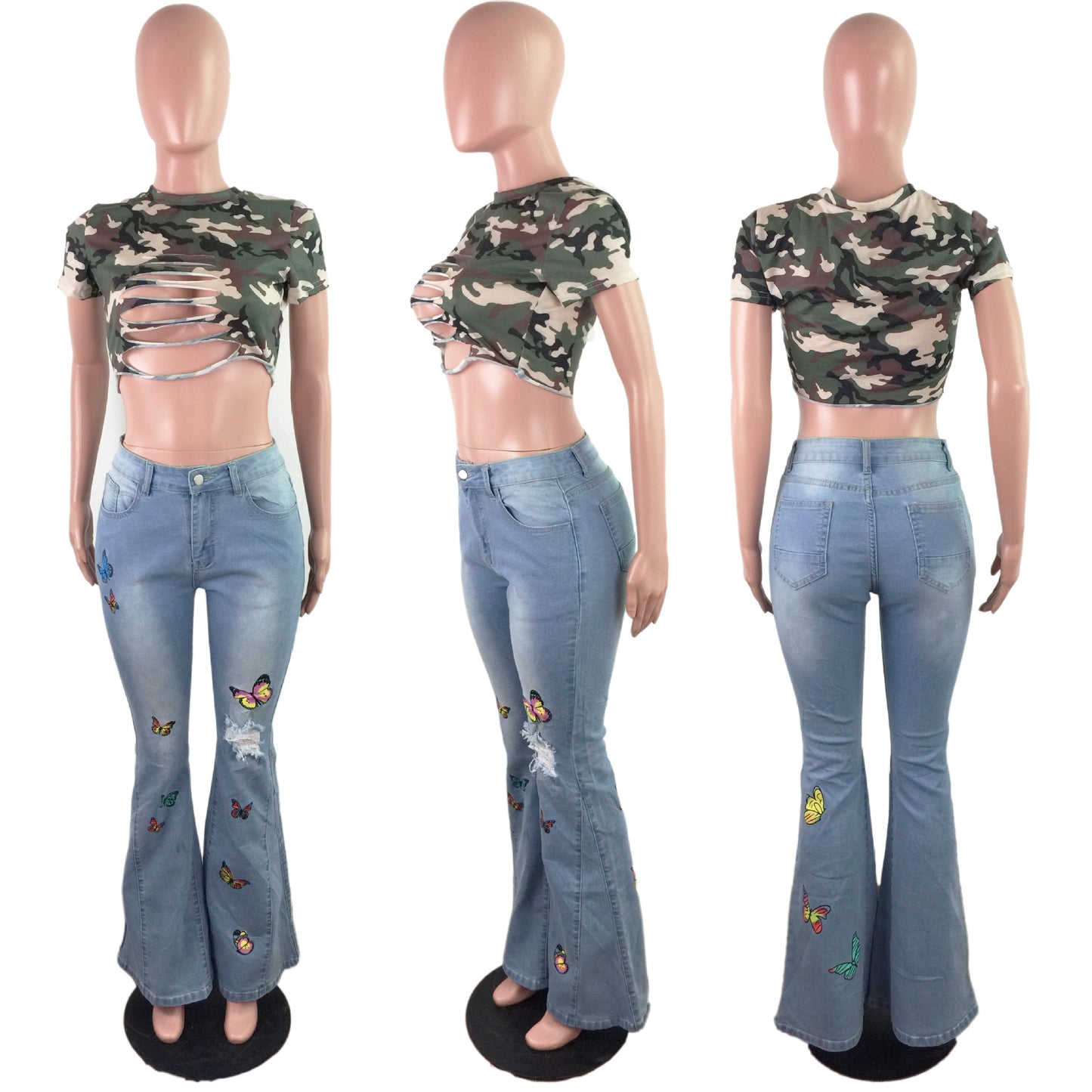 Tailored butterfly wide leg perforated high stretch flared pants