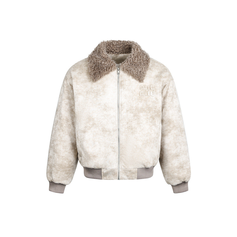 Urban Street Style Men's Cotton Coat, Turn-Down Collar, Distressed Tie-Dye, Loose Fit, Casual Outerwear Jacket