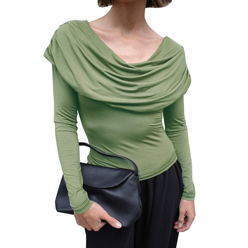 Women's Autumn Deep Round Neck Folded Plain Color Long Sleeve Crop Top Pullover