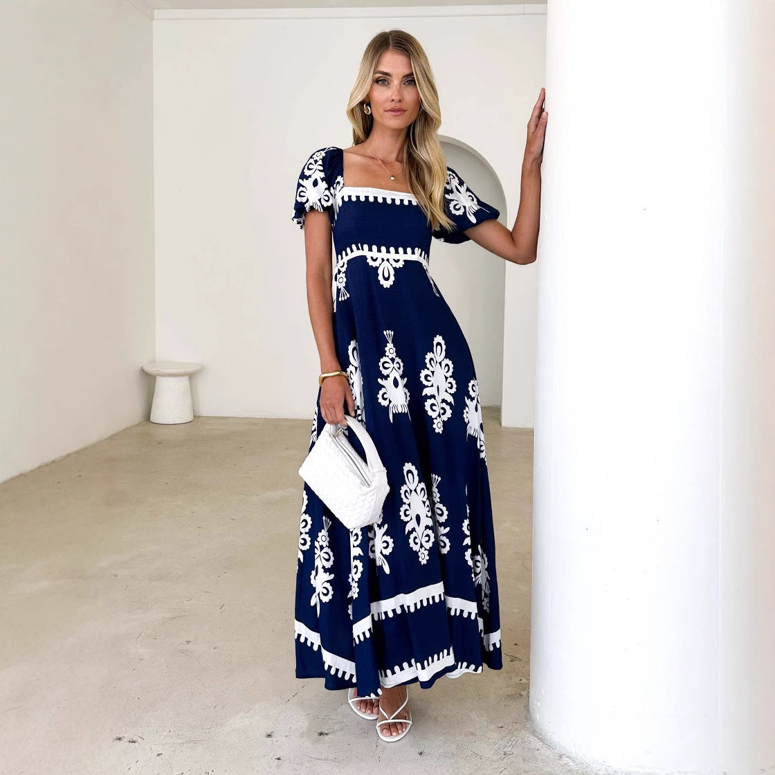Vacation Print Beach Dress with Tie-Up Detail Women's Dress