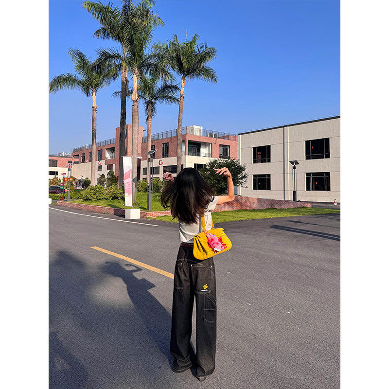 URKR Embroidered Deconstructed Oversized Raw Denim Pants Unisex Loose Straight Leg Trousers Vintage Black Casual Pants Trendy