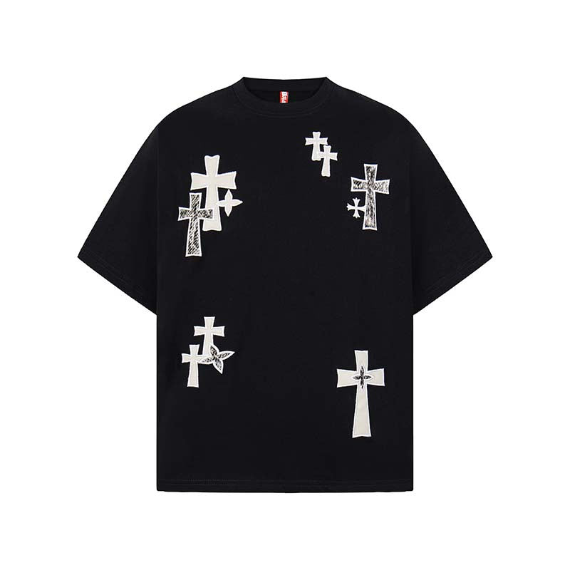 Cross Embroidered Round Neck Short Sleeve T-shirt