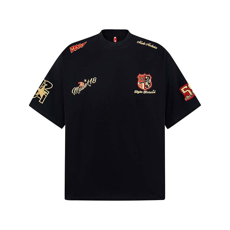 Letter badge embroidered round neck short sleeved shirt