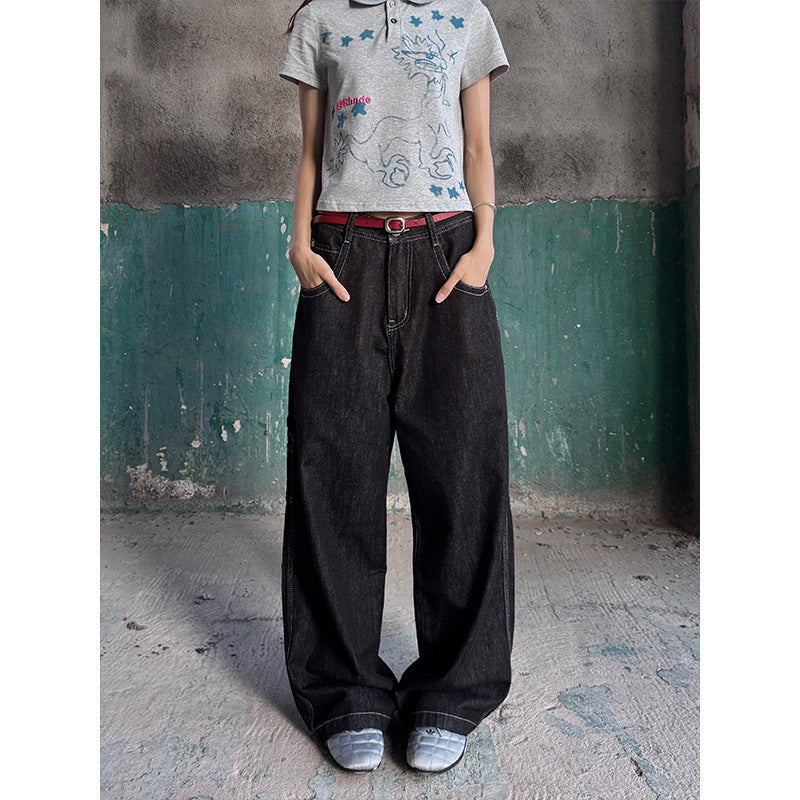 URKR Embroidered Deconstructed Oversized Raw Denim Pants Unisex Loose Straight Leg Trousers Vintage Black Casual Pants Trendy