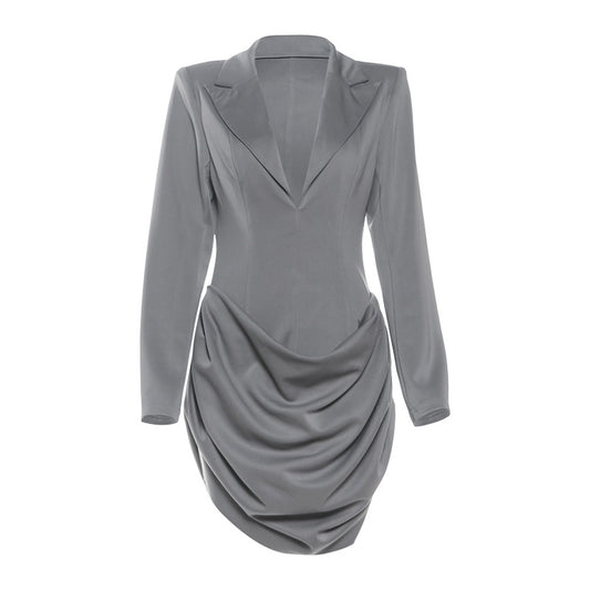 Tailored solid color deep V-neck waist cinching slimming suit dress