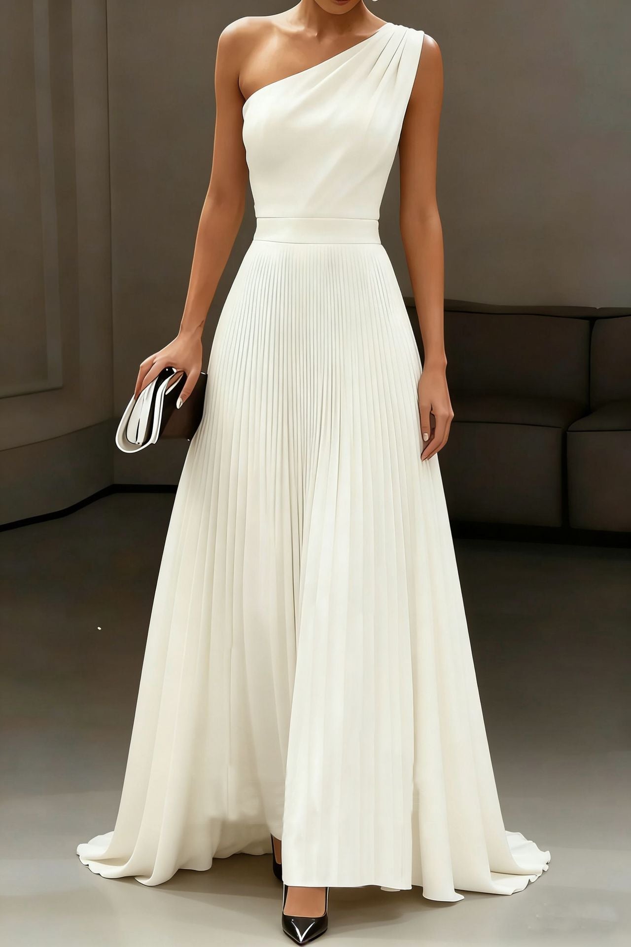 Elegant White One-Shoulder Long Dress with PleatsSummer Wedding Gown, Formal Occasion Dress