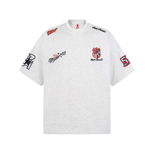 Letter badge embroidered round neck short sleeved shirt