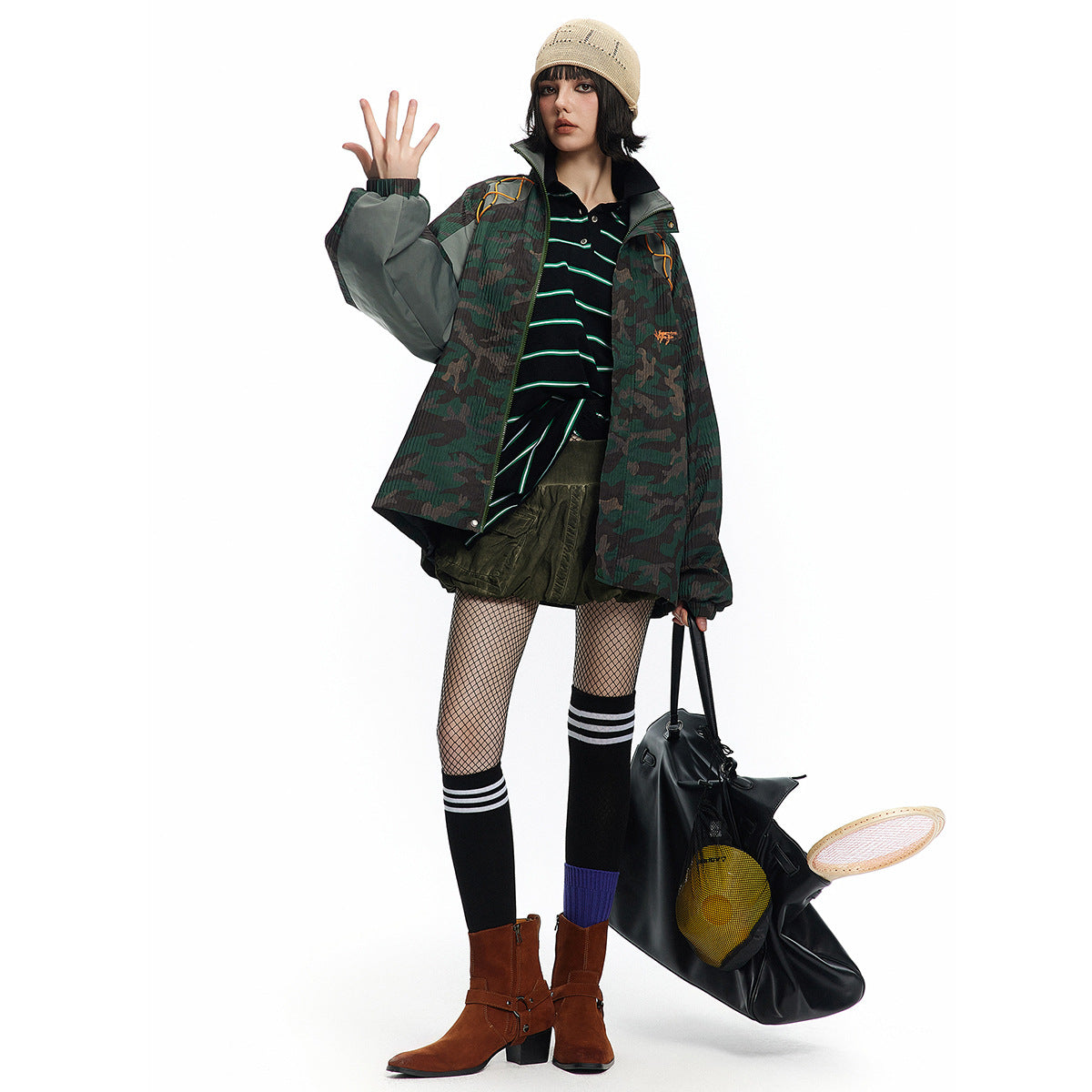 Camouflage diamond grid color blocked jacket