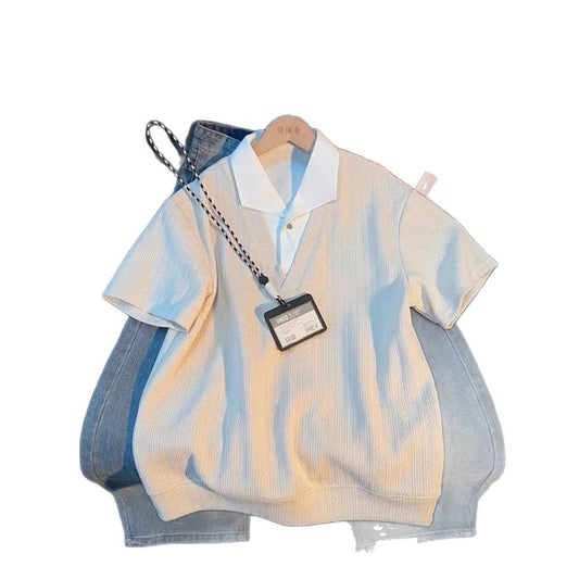 Chalky Beige Wheat Pattern False Two-Piece T-Shirt for Men