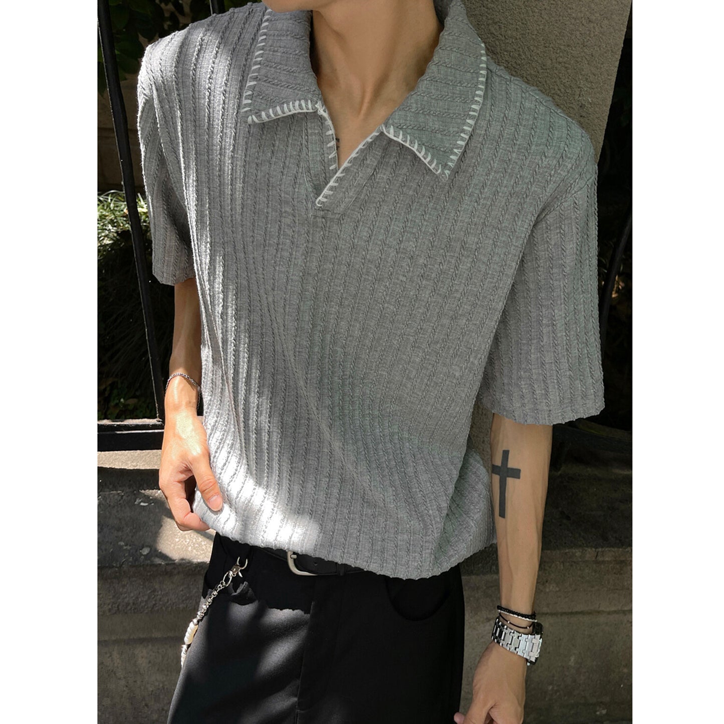Shirt Men Boxy Flip Collar Short Sleeve T-Shirt