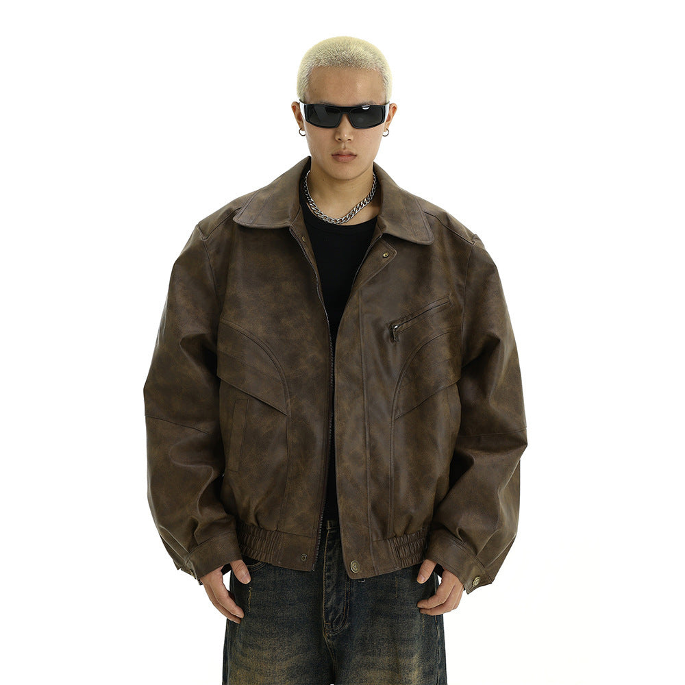 Style Vintage Distressed Leather Jacket for Men, Casual Flip Collar Design, Trendy and Unique Streetwear Coat