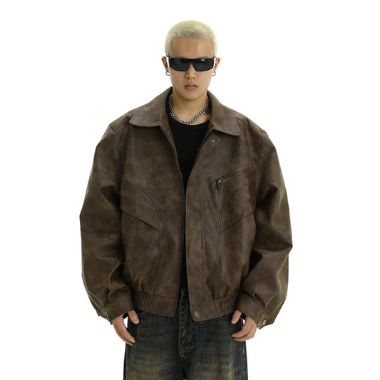 Style Vintage Distressed Leather Jacket for Men, Casual Flip Collar Design, Trendy and Unique Streetwear Coat