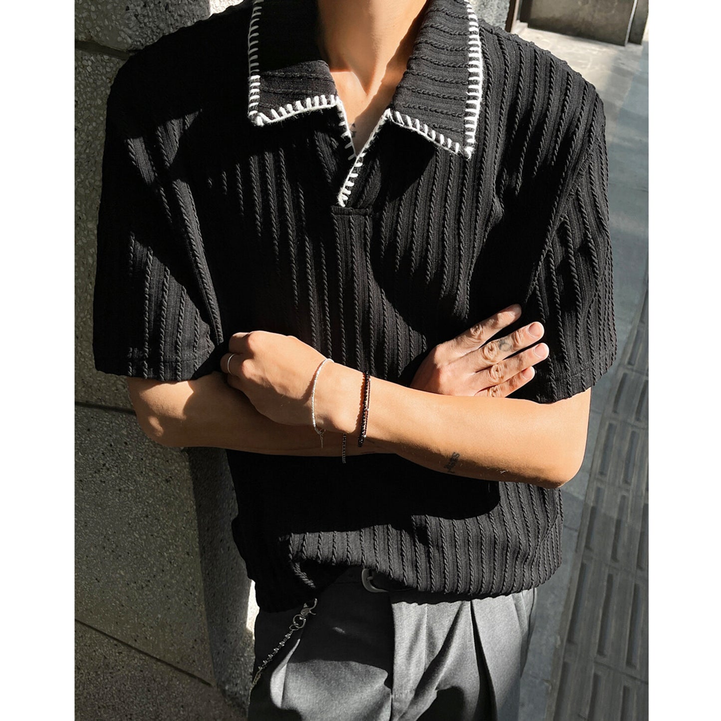 Shirt Men Boxy Flip Collar Short Sleeve T-Shirt