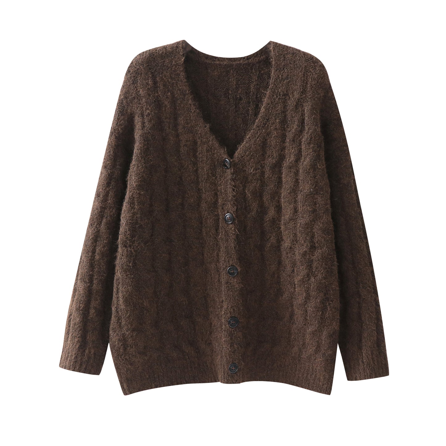 Solid color long sleeved button loose V-neck sweater