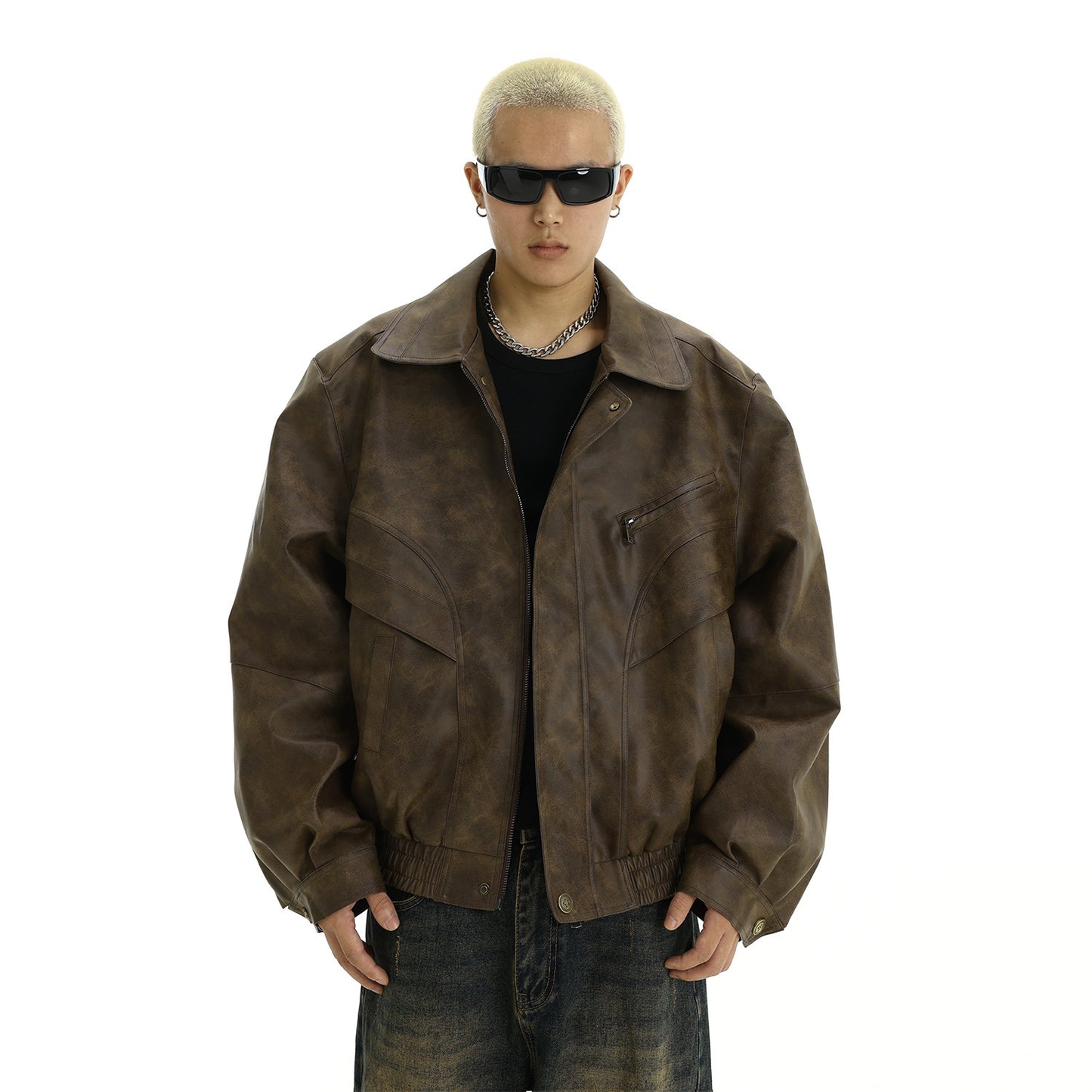Style Vintage Distressed Leather Jacket for Men, Casual Flip Collar Design, Trendy and Unique Streetwear Coat
