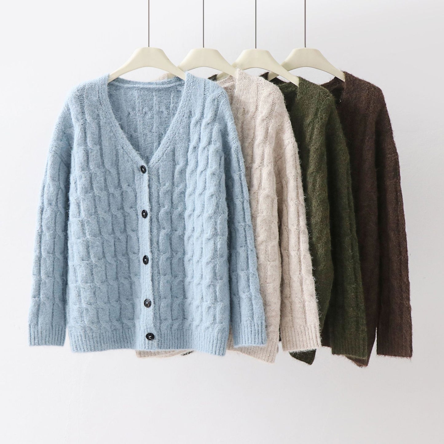 Solid color long sleeved button loose V-neck sweater