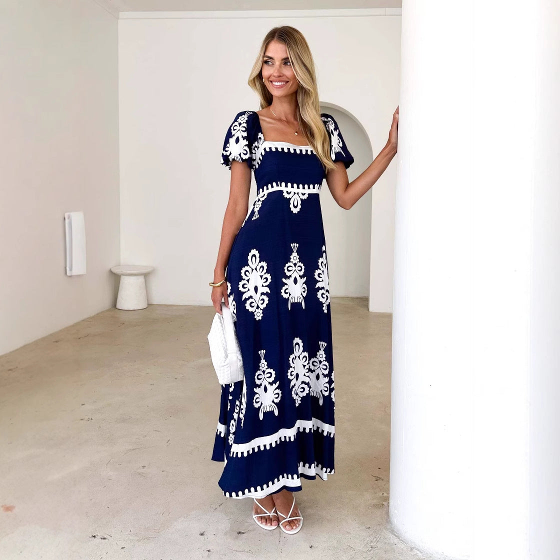 Vacation Print Beach Dress with Tie-Up Detail Women's Dress