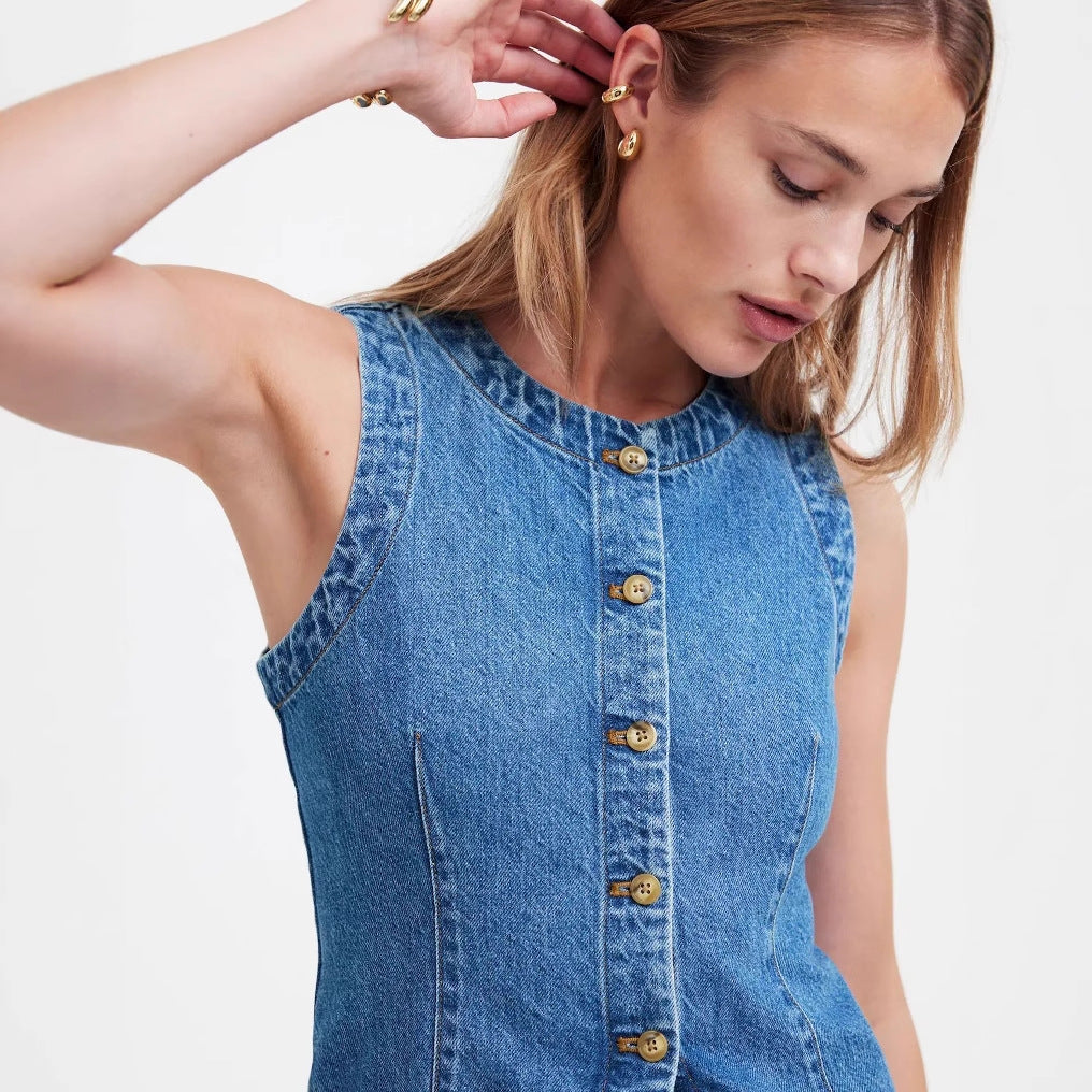 Sleeveless Fitted Slimming Denim Vest Women's Round Neck Waistcoat