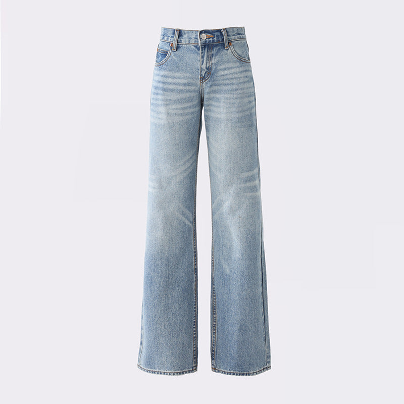 Women's Washed Wide-Leg Jeans Female Loose Slim Floor-Length Straight Pants
