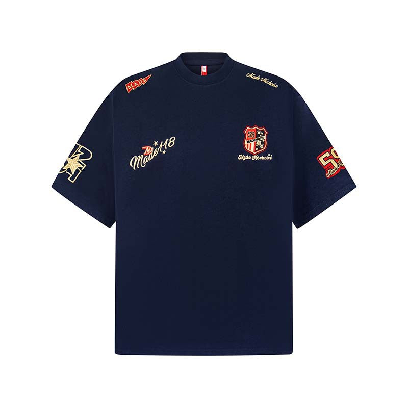 Letter badge embroidered round neck short sleeved shirt