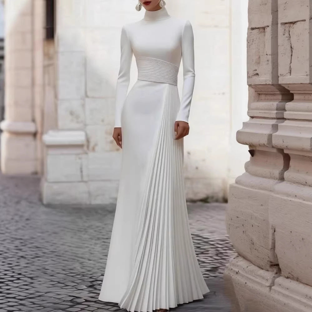 Elegant High Neck Long Sleeve Fitted Wedding Dress with Pleated Design Ruffles and Chic Style Dress