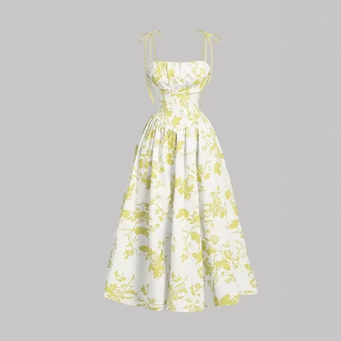 Elegant French Vintage Floral Print Slim Fit Strapless Dress for Women