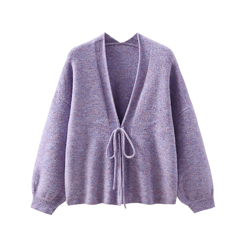Loose V-neck sweater top with tie up