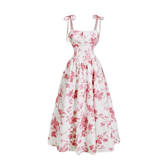 Elegant French Vintage Floral Print Slim Fit Strapless Dress for Women