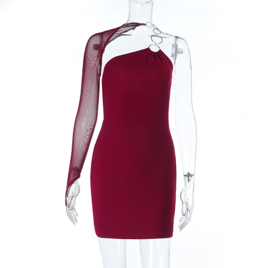 Metal ring single sleeve slim fit dress for slimming effect