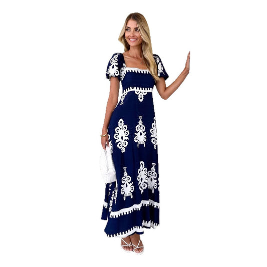 Vacation Print Beach Dress with Tie-Up Detail Women's Dress