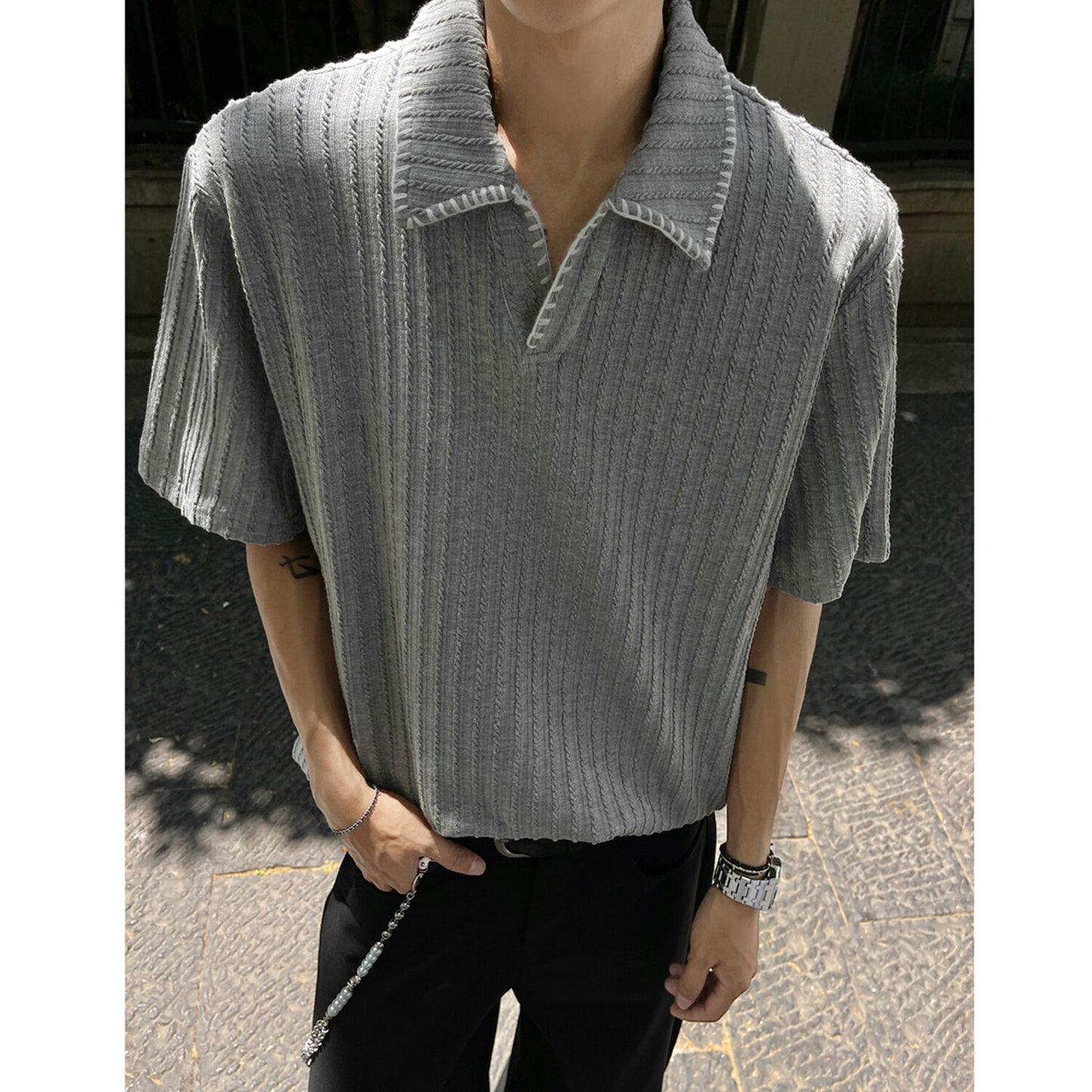 Shirt Men Boxy Flip Collar Short Sleeve T-Shirt