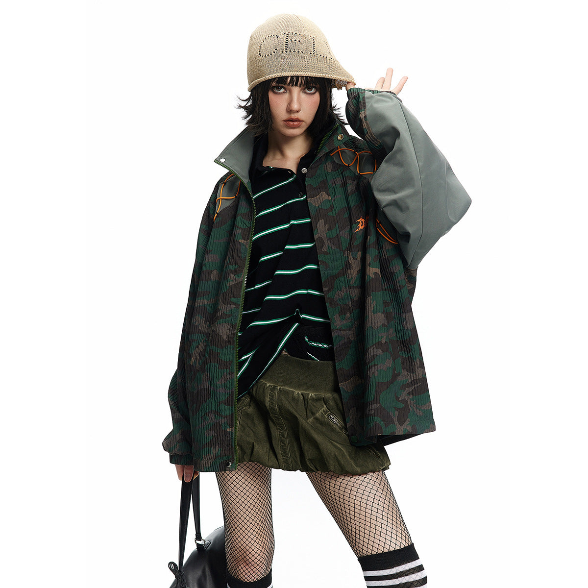 Camouflage diamond grid color blocked jacket