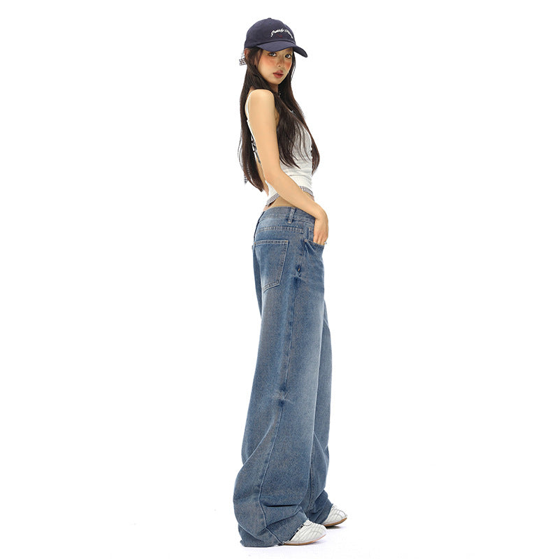 Women's Straight Jeans Washed Vintage Narrow Loose Wide-Leg Pants