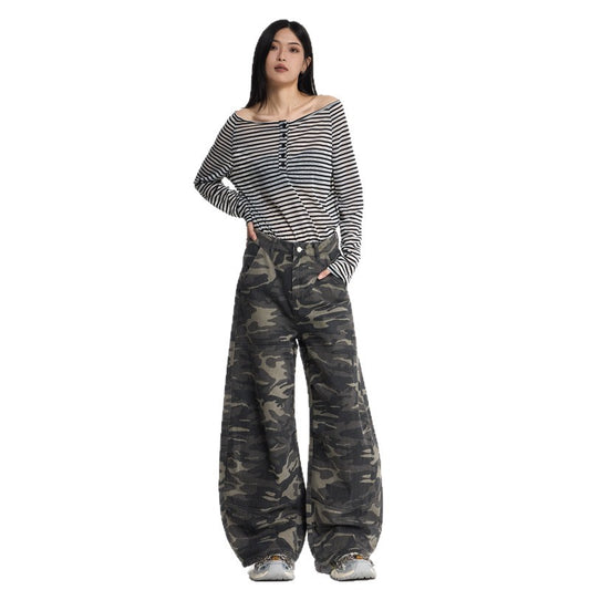Camouflage Knife-Style Denim Pants for Women Autumn Loose Silhouette Design Spliced Long Pants