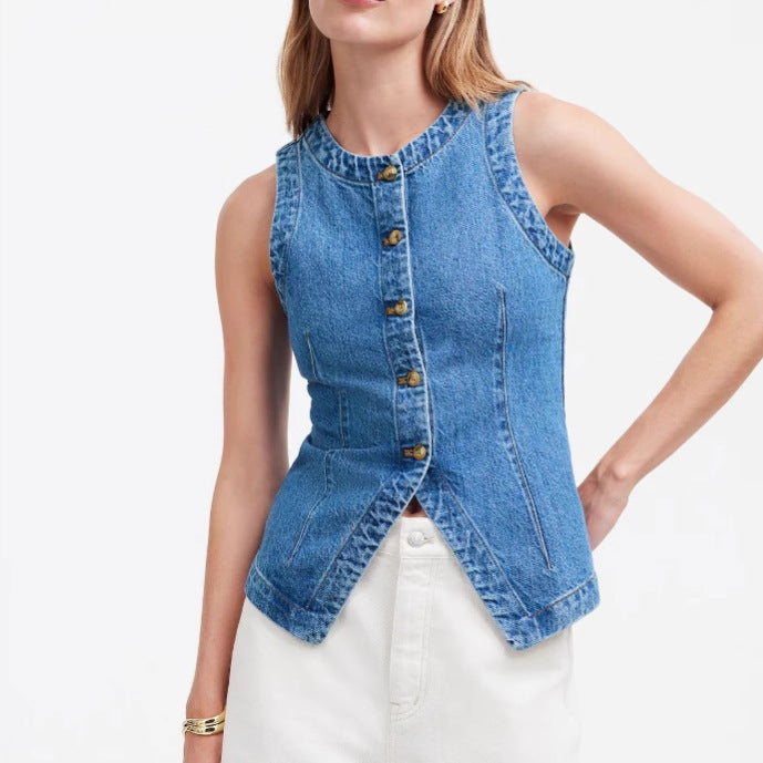 Sleeveless Fitted Slimming Denim Vest Women's Round Neck Waistcoat