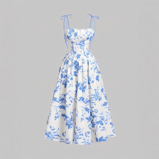 Elegant French Vintage Floral Print Slim Fit Strapless Dress for Women