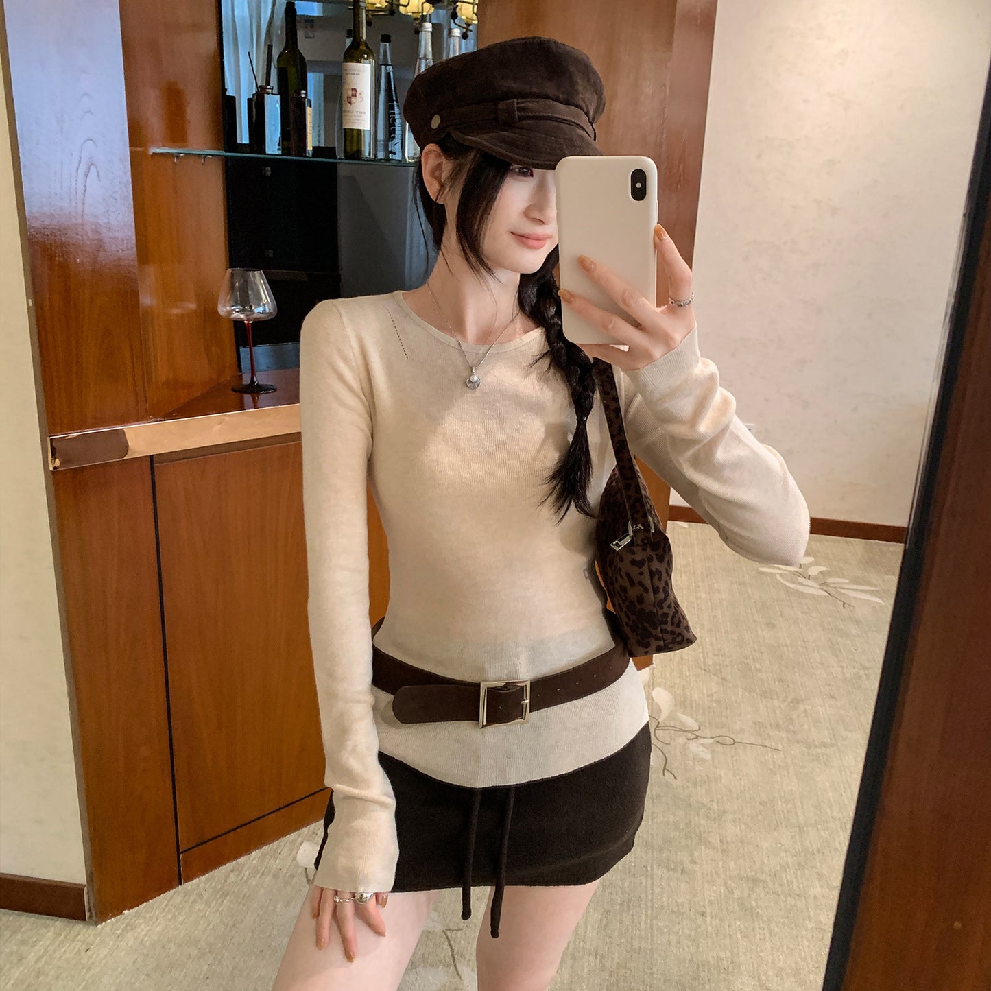 Solid Color Inner Knit Sweater for Women, Elegant Fitted Slim Fit Long Sleeve Wool Top