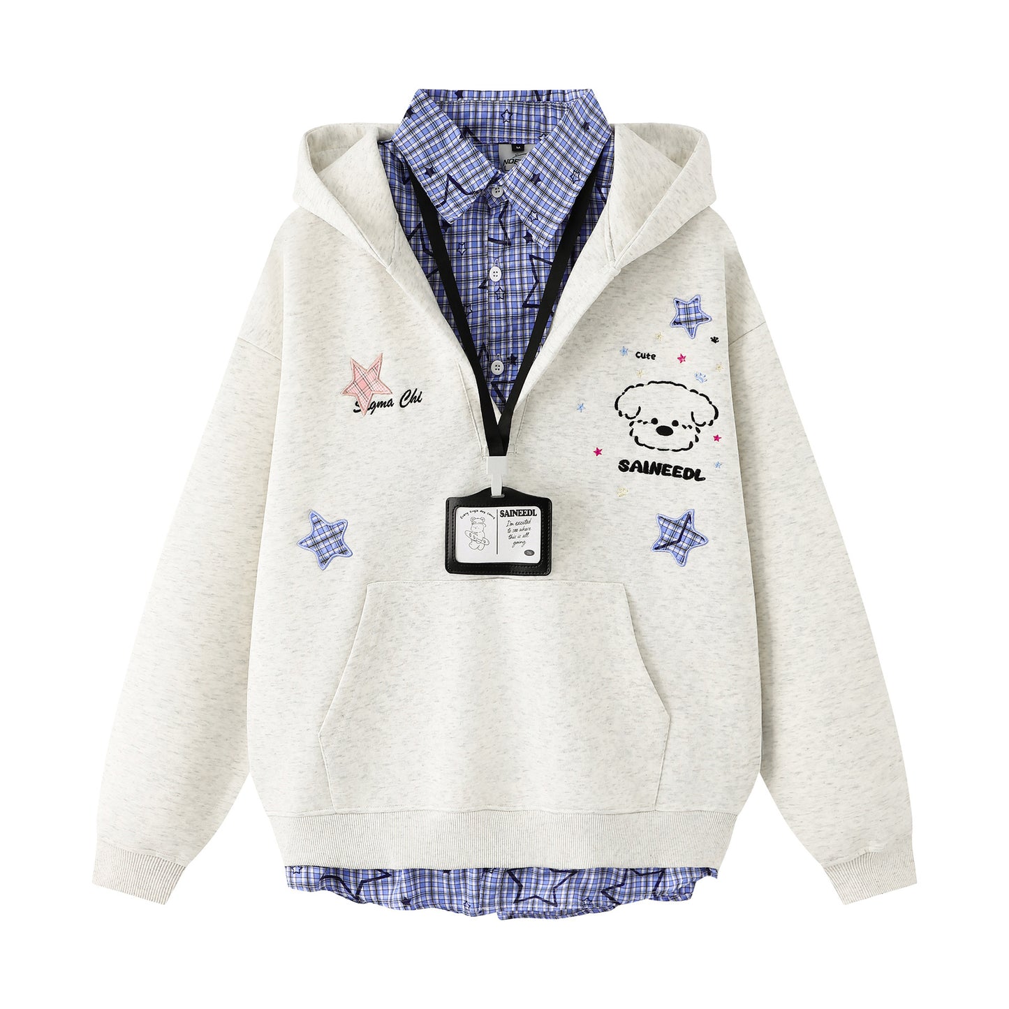 Embroidery Plaid Patchwork Mock Two-Piece Loose Versatile Polo Neck Sweatshirt