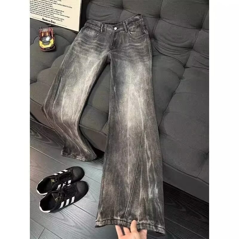 Lightning Pattern Asymmetric Cut Denim Pants