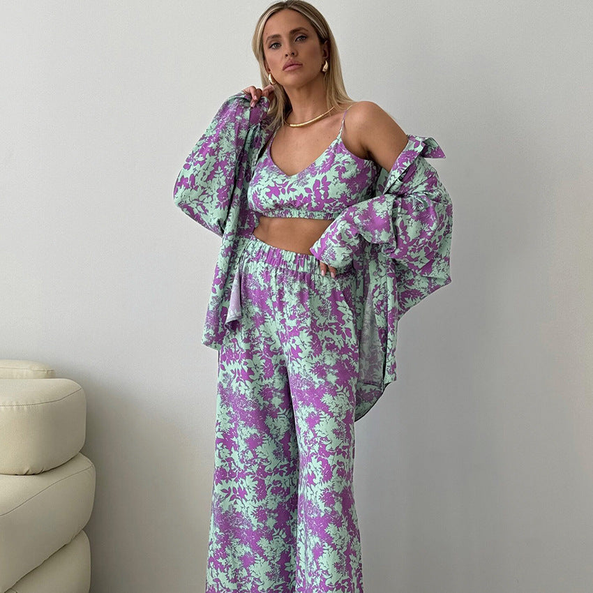 Fashionable Print Long Sleeve Innerwear Set with Pants for Women Loose FitWearable Outdoors 3-Piece Set