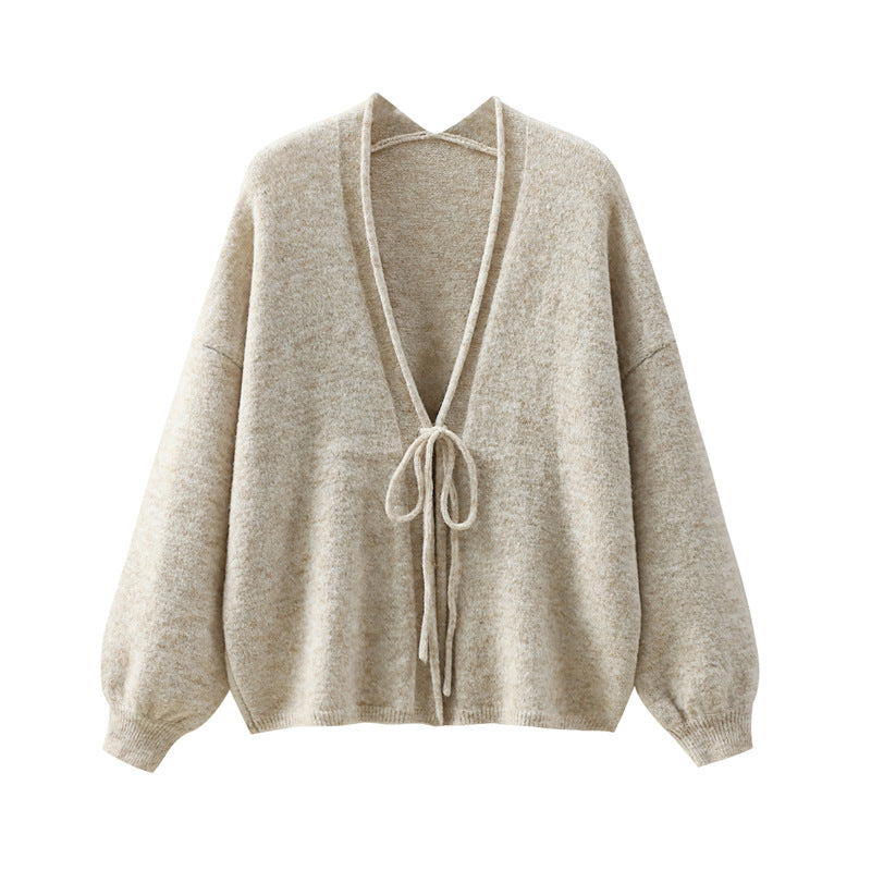 Loose V-neck sweater top with tie up