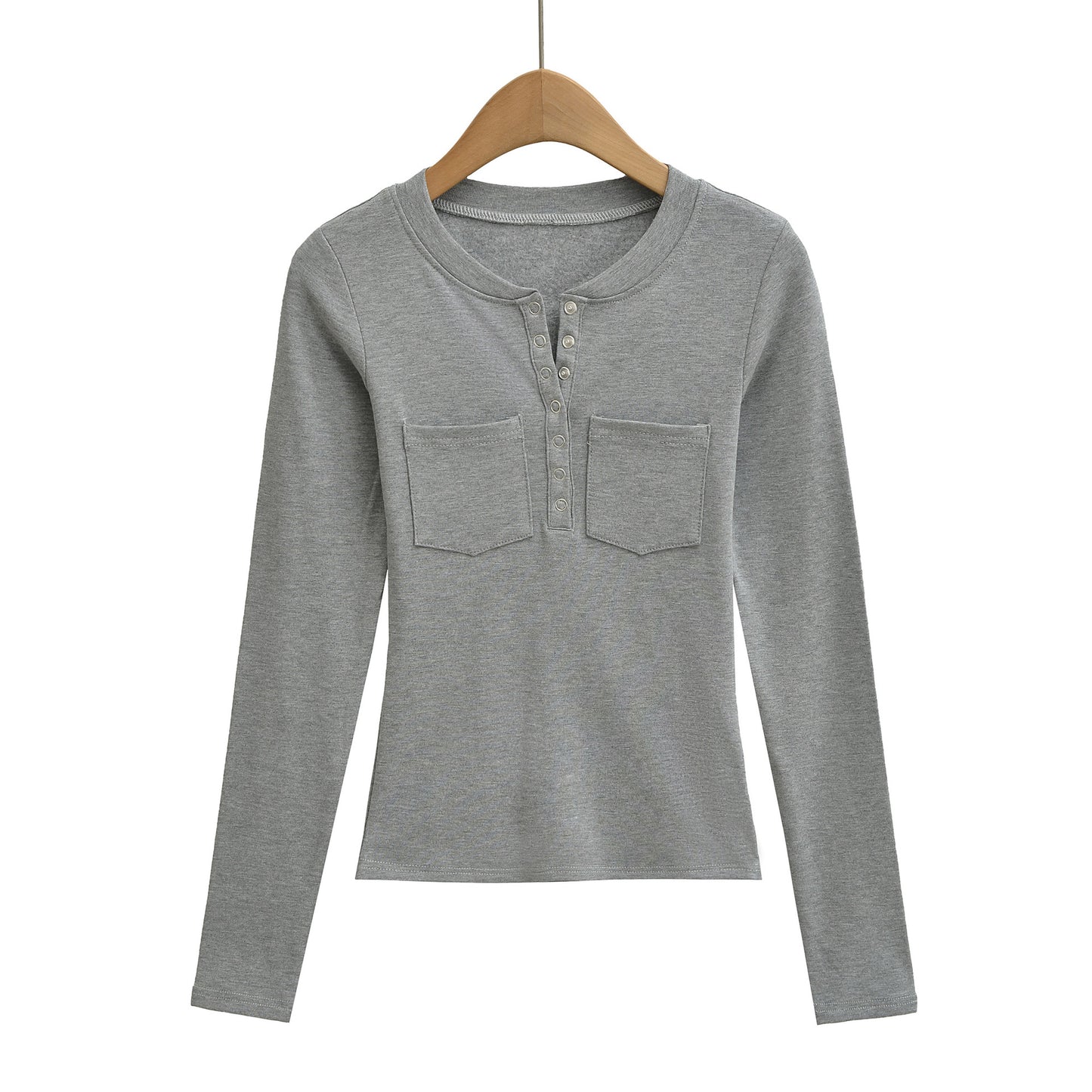 Round neck single breasted long sleeved top T-shirt