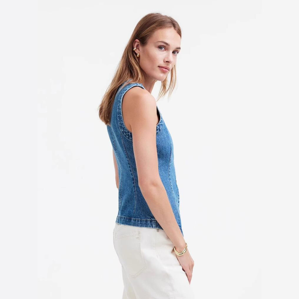 Sleeveless Fitted Slimming Denim Vest Women's Round Neck Waistcoat